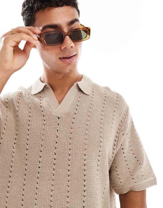Jack & Jones split hals polo i virkade i beige - Image 3