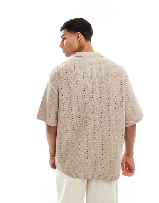Jack & Jones split hals polo i virkade i beige - Image 4