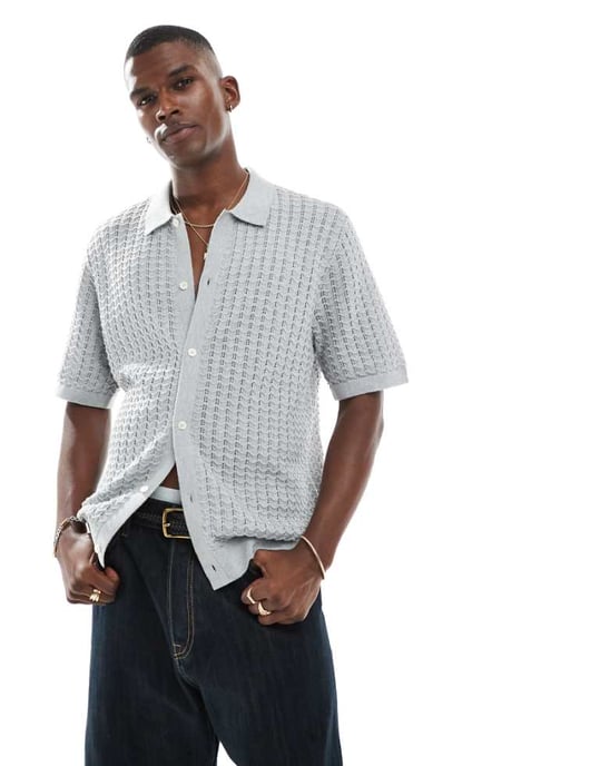 Jack & Jones stickad polo med knappar i grått - Image 1