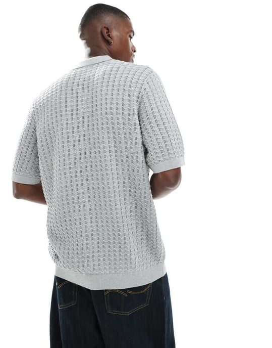 Jack & Jones stickad polo med knappar i grått - Image 3