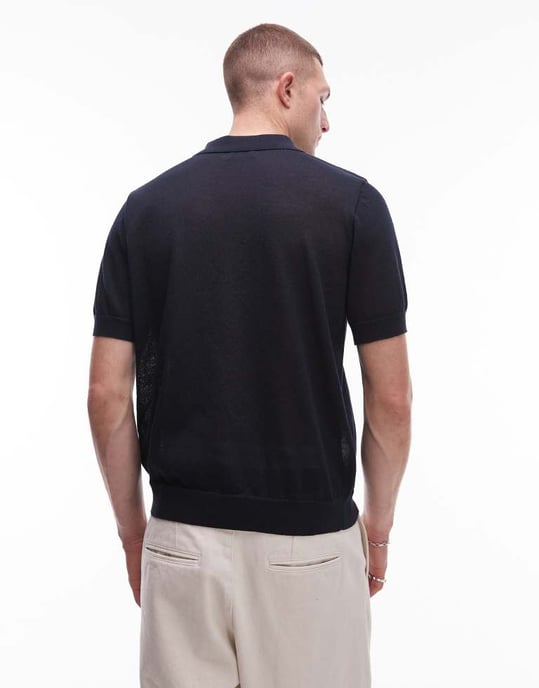 Topman linneblandning stickad polo i marinblå - Image 2