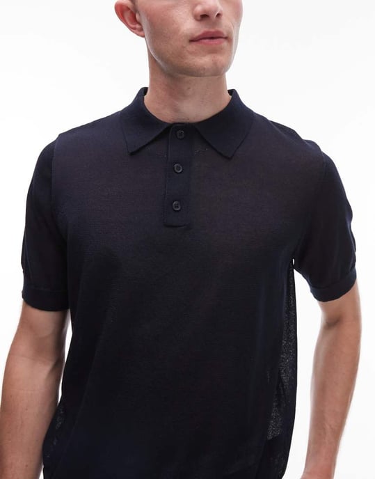 Topman linneblandning stickad polo i marinblå - Image 3
