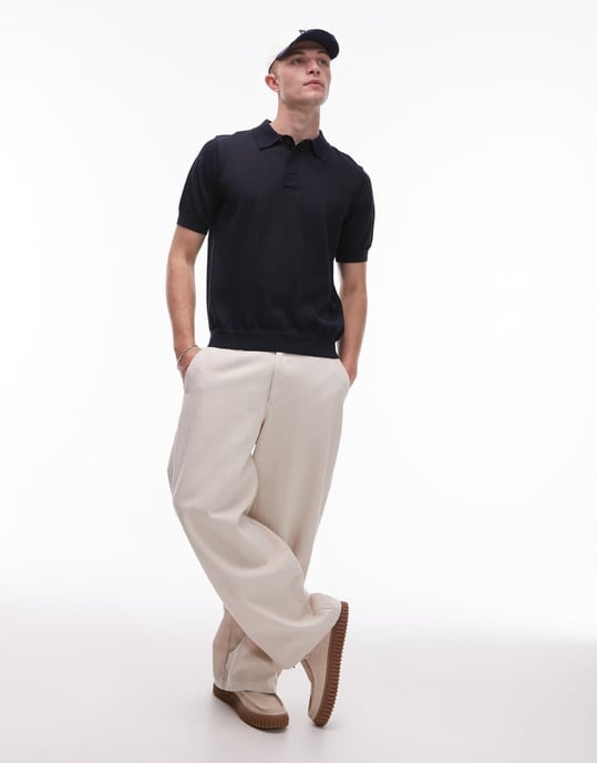 Topman linneblandning stickad polo i marinblå - Image 4
