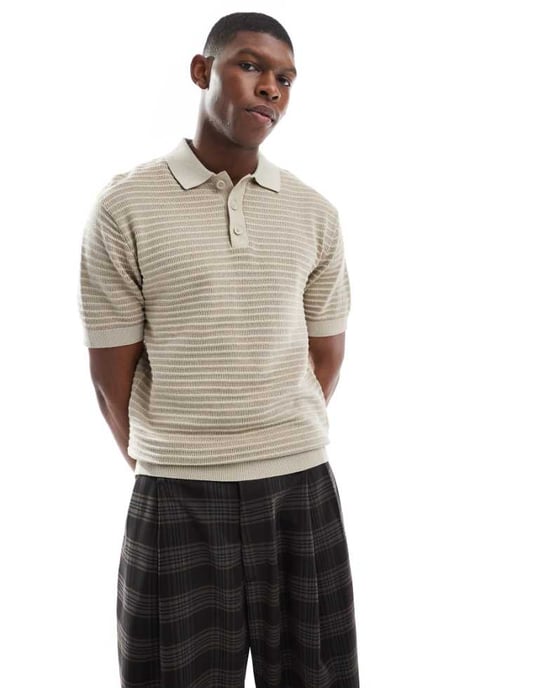 ONLY & SONS stickad polo i kräm och salvia - Image 1