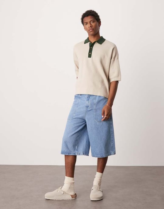 ASOS DESIGN oversized stickad texturerad polo i ecru med kontrasterande krage - Image 3