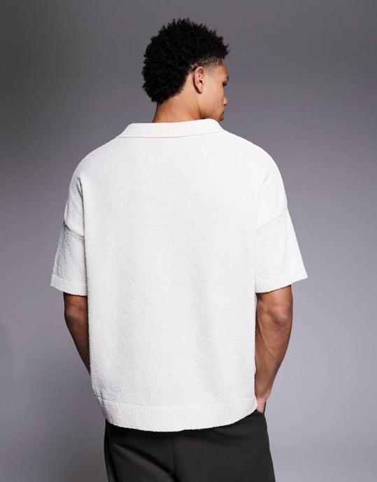 ASOS DESIGN oversized strukturerad stickad pikétröja med avskuren hals i ecru - Image 3