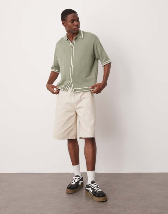 ASOS DESIGN avslappnad boxy passform stickad knappad polo i salvia grön med kantdetalj - Image 2
