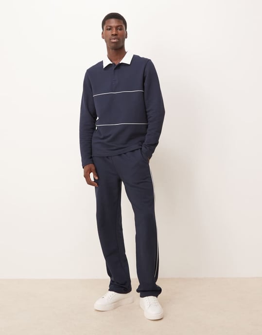 ASOS DESIGN regular fit pikétröja i rugbystil med piping i marinblått - Image 2