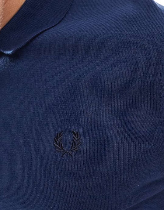 Fred Perry stickad polo kortärmad skjorta i djupblå - Image 3