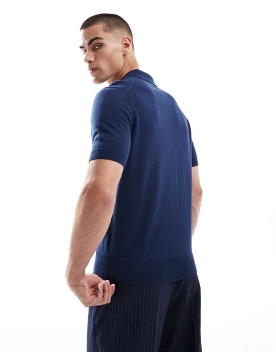 Fred Perry stickad polo kortärmad skjorta i djupblå - Image 4