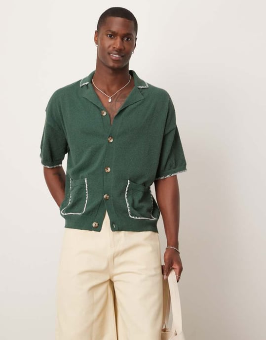 ASOS DESIGN avslappnad boxy passform stickad knapp-up polo med filtstygn i mörkgrön - Image 1