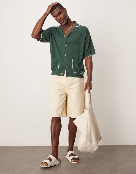 ASOS DESIGN avslappnad boxy passform stickad knapp-up polo med filtstygn i mörkgrön - Image 2