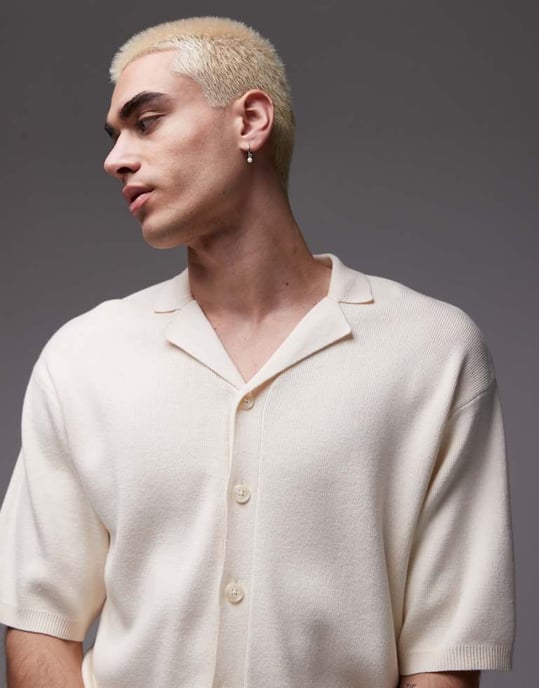Topman stickad polo med omvänd krage i ecru - Image 1