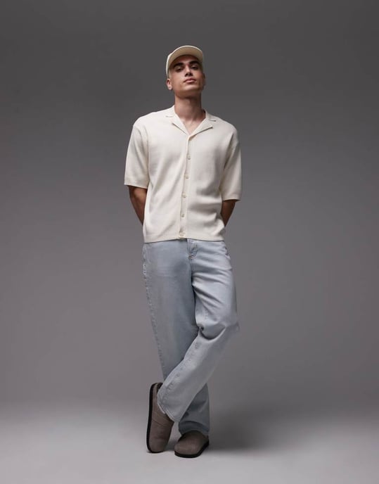 Topman stickad polo med omvänd krage i ecru - Image 2