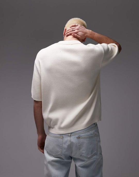 Topman stickad polo med omvänd krage i ecru - Image 3