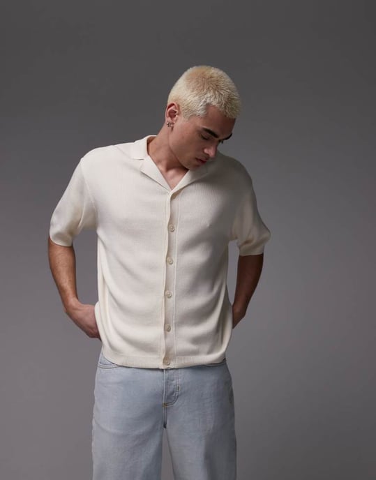 Topman stickad polo med omvänd krage i ecru - Image 4