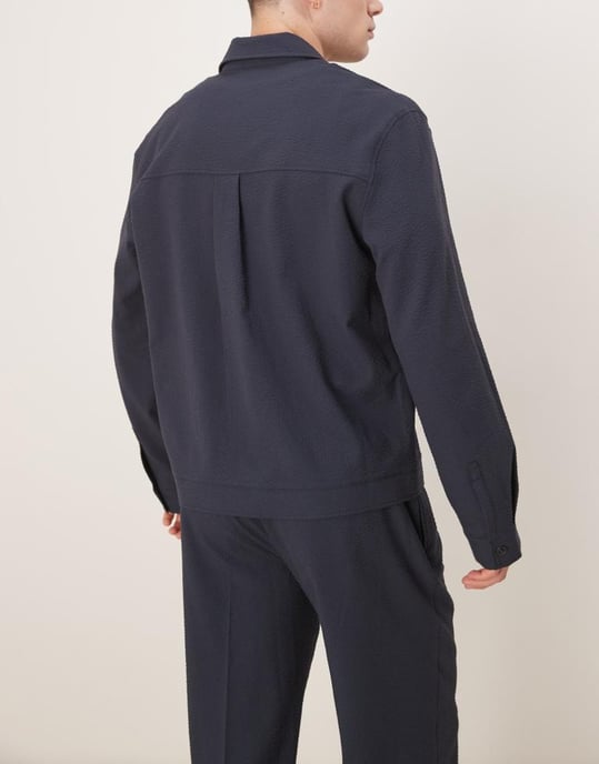 ASOS DESIGN smart co-ord-knapp harringtonjacka i marinblå seersucker-textur - Image 3