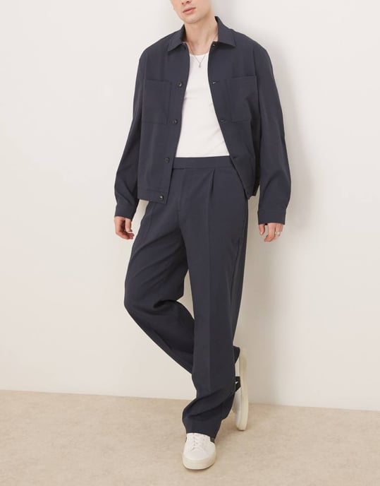 ASOS DESIGN smart co-ord-knapp harringtonjacka i marinblå seersucker-textur - Image 4