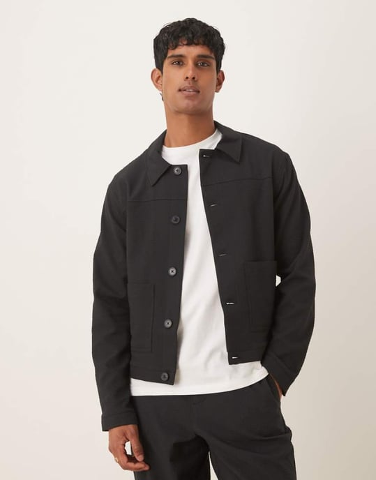 ASOS DESIGN smart co-ord Harrington-jacka i svart seersucker - Image 1
