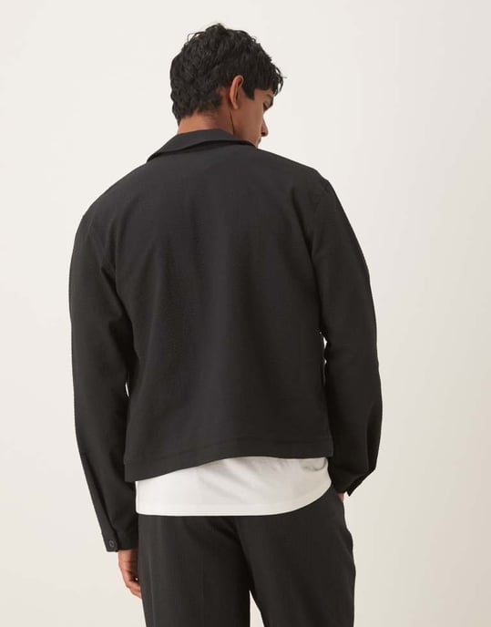ASOS DESIGN smart co-ord Harrington-jacka i svart seersucker - Image 3