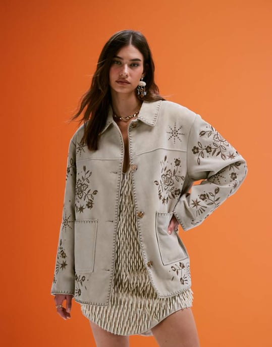 ASOS DESIGN äkta mocka broderad jacka i sten - Image 1