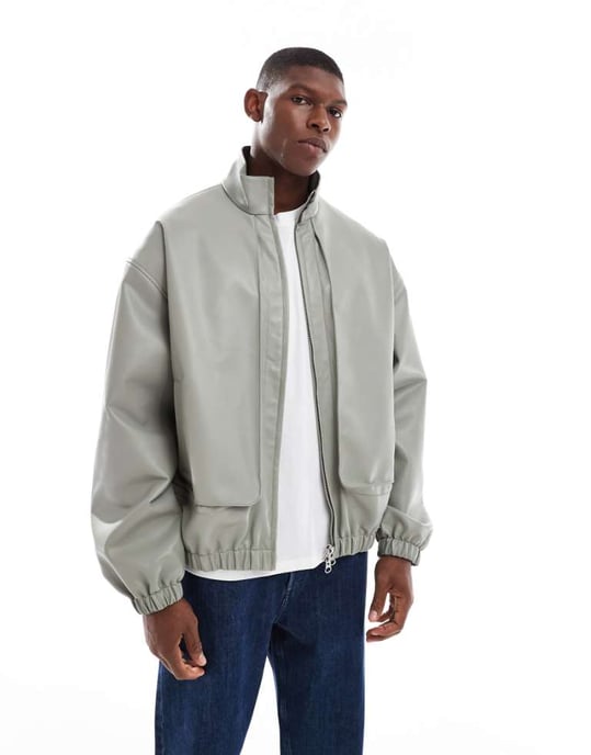 ASOS DESIGN fusk läder träningsjacka i grå - Image 1