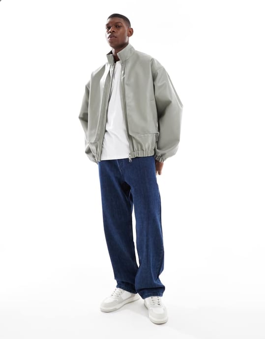 ASOS DESIGN fusk läder träningsjacka i grå - Image 2
