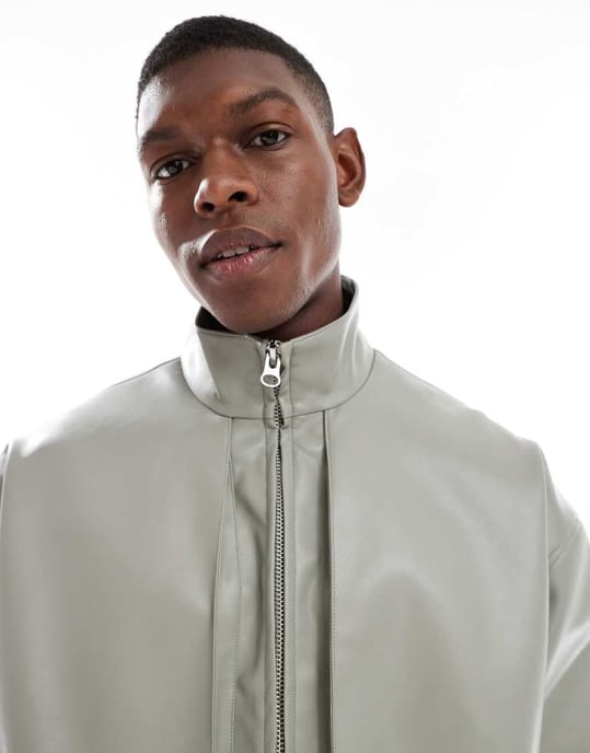 ASOS DESIGN fusk läder träningsjacka i grå - Image 4