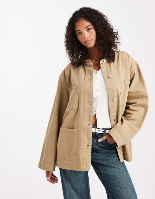 ASOS DESIGN denim barnjacka med kontrastkrage i sten - Image 1