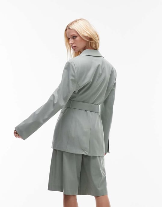 ASOS DESIGN oversize cinch waist bälte blazer i salviagrön co ord - Image 4