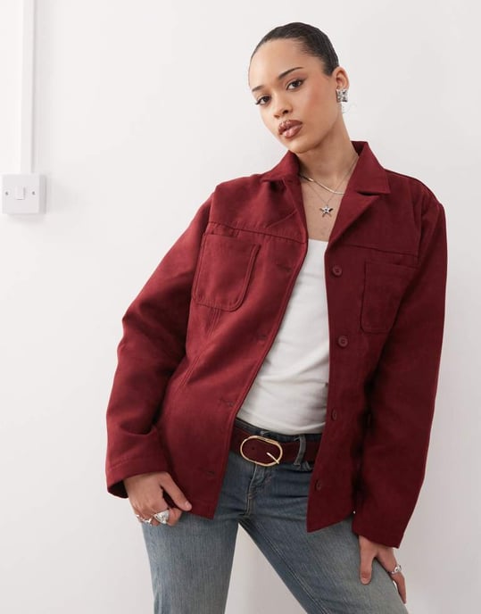 Återvunnen vintagefauxmocka kavaj i burgundy - Image 2