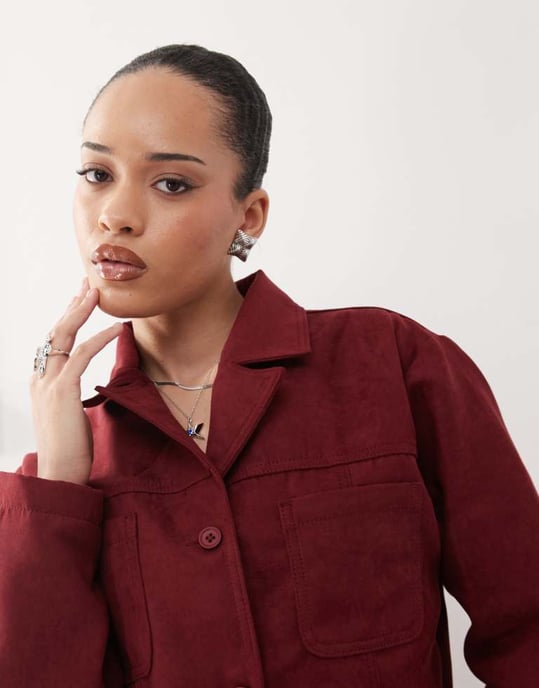 Återvunnen vintagefauxmocka kavaj i burgundy - Image 3