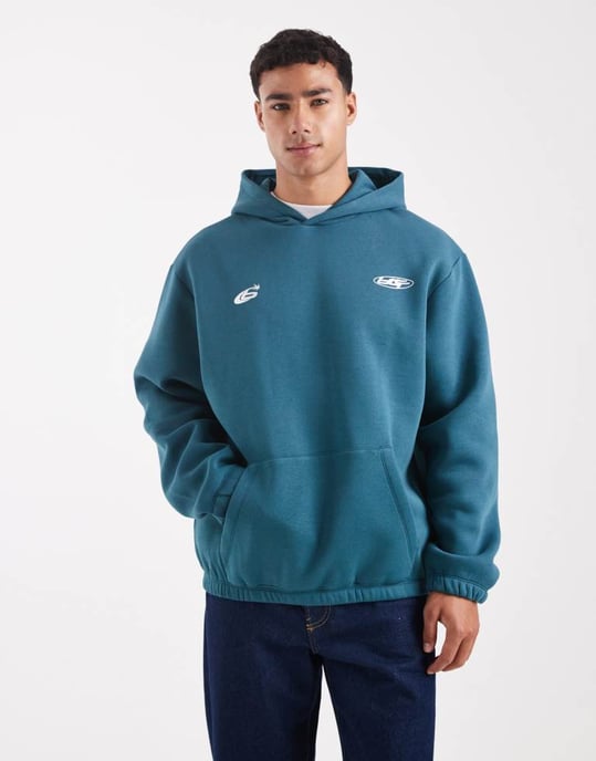ASOS DESIGN hoodie med metallisk sporttryck i tealblå - Image 3