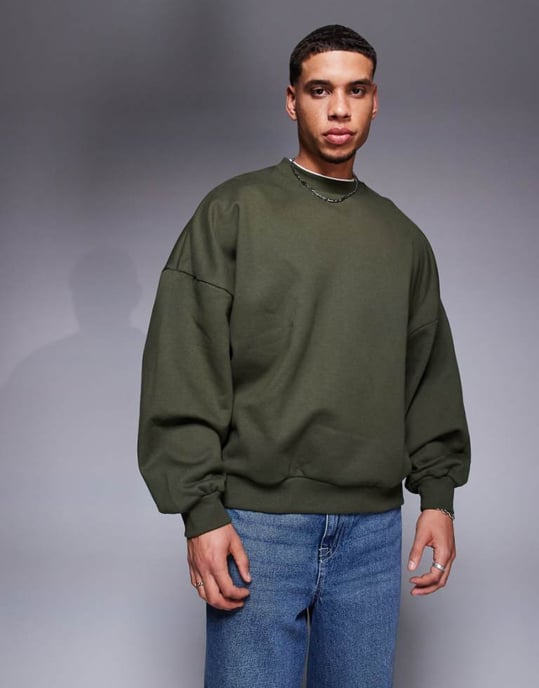 ASOS DESIGN premium tungvikts extrem oversized sweatshirt i 400gsm i mörkgrön - DGREEN - Image 1