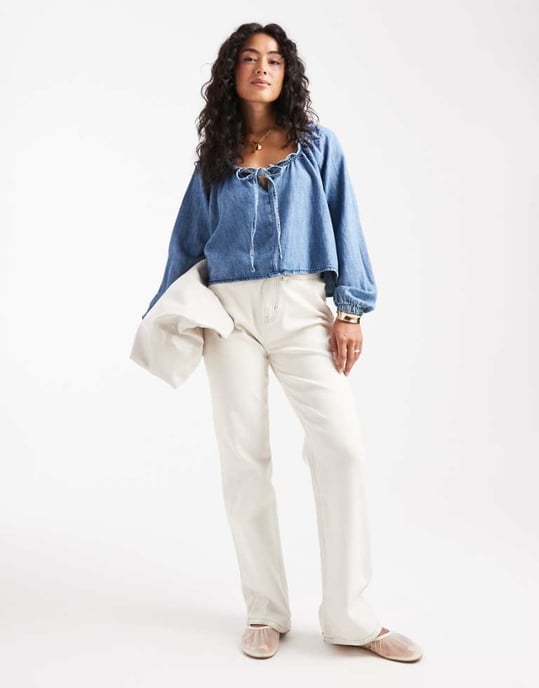 ASOS DESIGN denimblus med ballongsärmar och linne i mellanblekt blå - Image 1