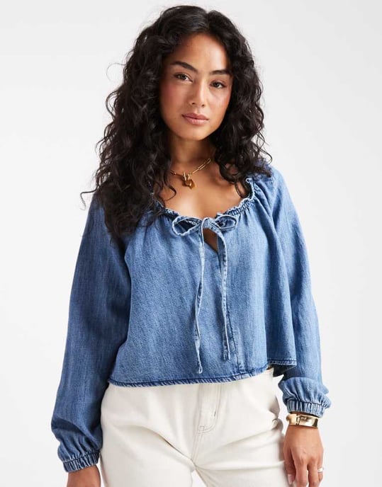 ASOS DESIGN denimblus med ballongsärmar och linne i mellanblekt blå - Image 2