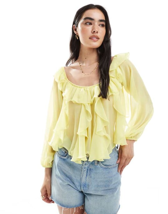 Miss Selfridge bardot chiffongblus i smörkräm - Image 1