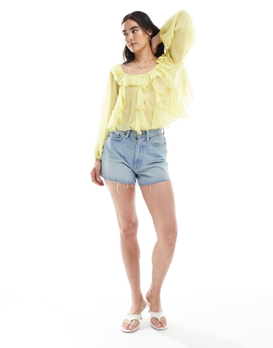 Miss Selfridge bardot chiffongblus i smörkräm - Image 2