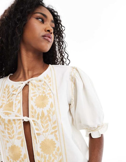 ASOS DESIGN knytkrage topp med broderier och broderade insatser - Image 2