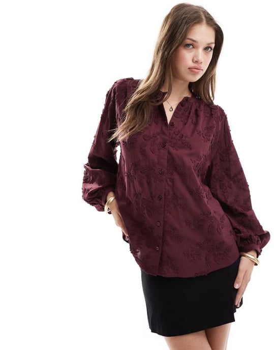 & Other Stories blus med blommig broderi i vinröd - Image 2