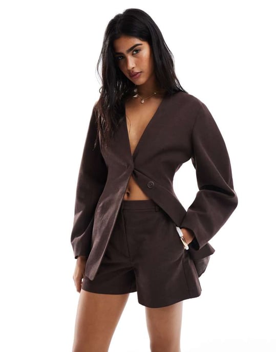 ASOS DESIGN linneblandning skräddarsydda långshorts i choklad - Image 3