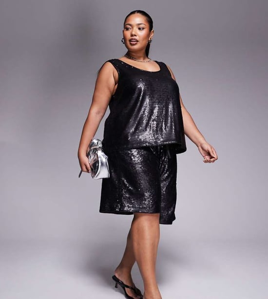 ASOS DESIGN Curve skräddarsydd långärmad paljettshorts-set i svart - Image 1