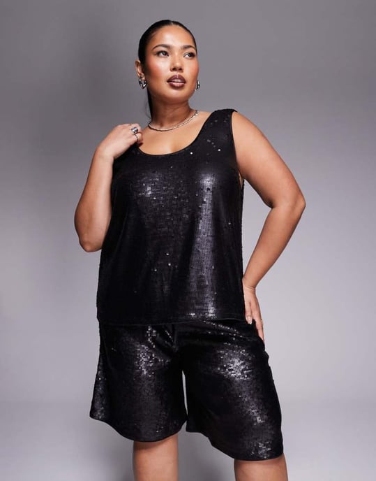 ASOS DESIGN Curve skräddarsydd långärmad paljettshorts-set i svart - Image 2