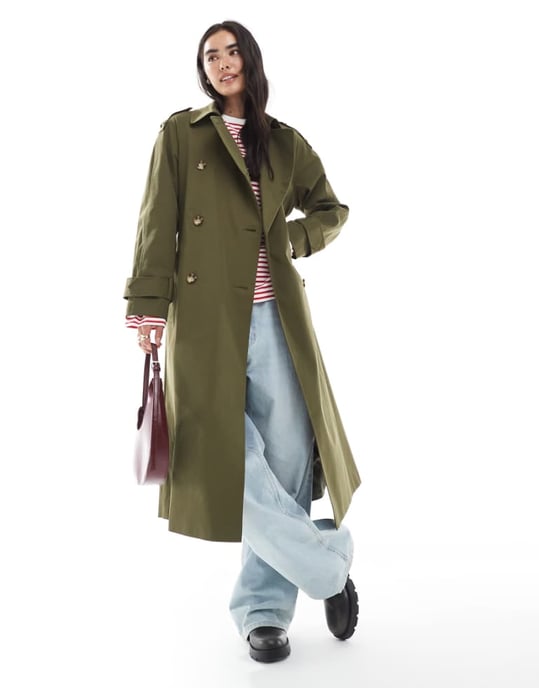 ASOS DESIGN lång trenchcoat i olivgrön - Image 1