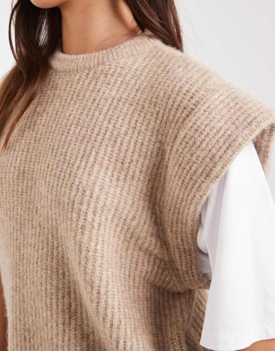 ASOS DESIGN stickad ärm top med jerseyärmar i mocha - Image 4