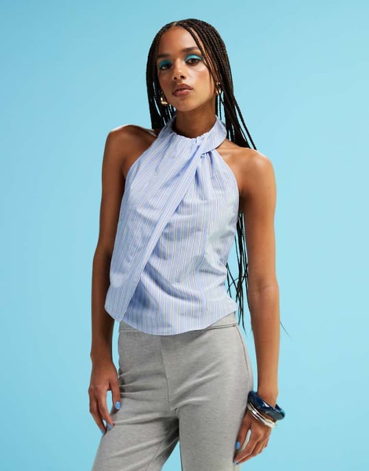 ASOS DESIGN halterneck knyt bak poplin topp i randig mönster - Image 1
