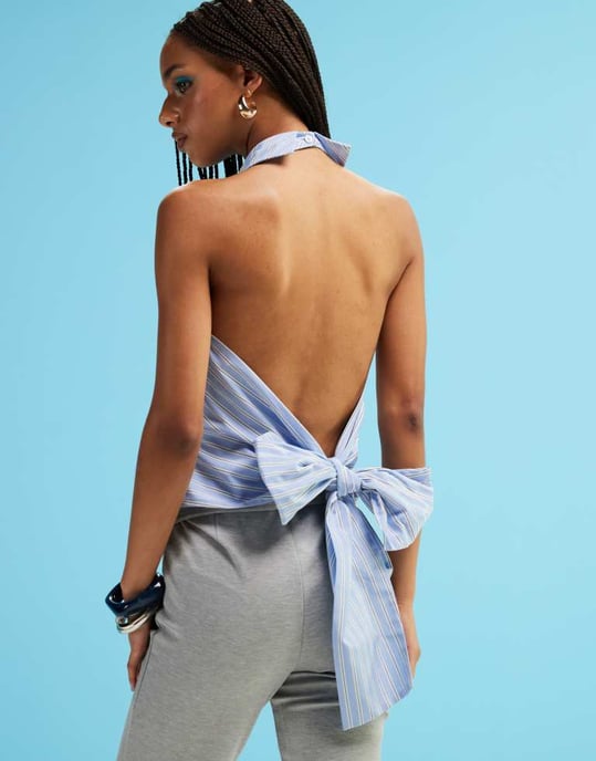 ASOS DESIGN halterneck knyt bak poplin topp i randig mönster - Image 2