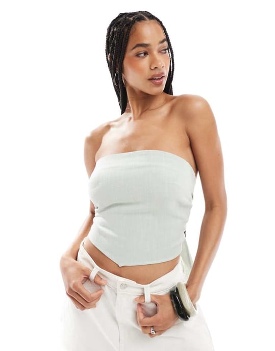 ASOS DESIGN bandeau topp med linen-look och knytning bakåt - Image 1