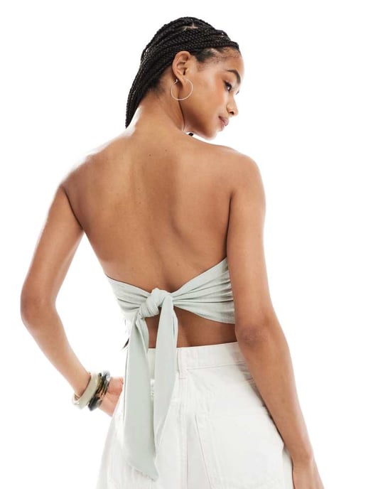 ASOS DESIGN bandeau topp med linen-look och knytning bakåt - Image 4