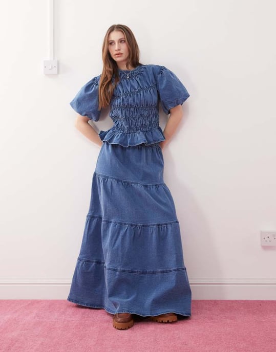 Återvunnen vintage puffärms top med rynkdetalj i blå denimtvätt - Image 2